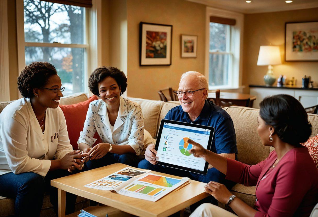 A warm, inviting family gathering in a cozy New Jersey home, with a diverse group of family members discussing healthcare resources, highlighted by a visible brochure titled 'Accessible Healthcare Resources'. Include a map of New Jersey with healthcare icons, colorful charts, and digital devices showing online resources. Soft evening light filtering through the windows, creating an atmosphere of support and community. vibrant colors. super-realistic. warm tones.