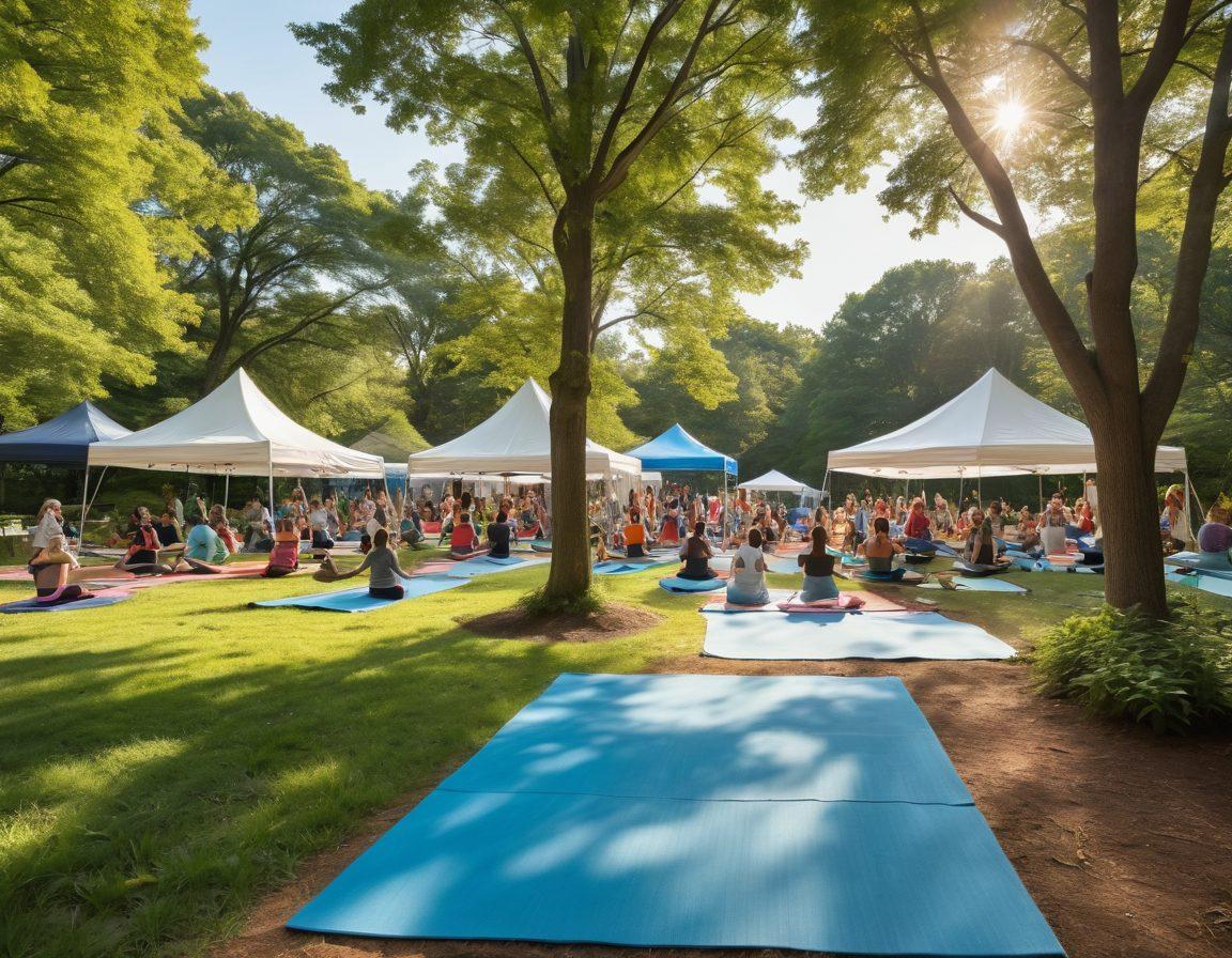 A vibrant family scene set in a lush New Jersey park, showcasing diverse families engaging in wellness activities like yoga, biking, and cooking healthy meals together. Incorporate elements like a community health fair tent with informative brochures, trees, and a sunny sky. The atmosphere should be warm, inviting, and full of joy, symbolizing empowerment and cooperation. bright and colorful. super-realistic. vibrant colors.