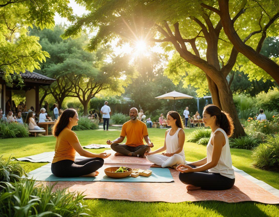 An inviting family gathering scene in a peaceful garden, showcasing diverse families engaging in wellness activities like yoga, meditation, and playful games. Incorporate elements of support programs such as flyers and wellness kits subtly included in the background. Warm sunlight filtering through trees, creating a harmonious and uplifting atmosphere. rich colors. super-realistic.